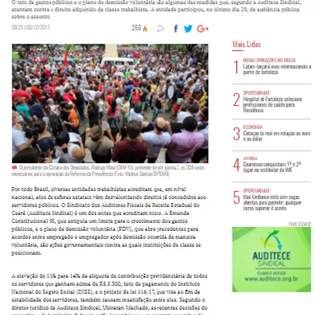 AUDITECE SINDICAL tem conteúdo editorial destacado no portal O POVO