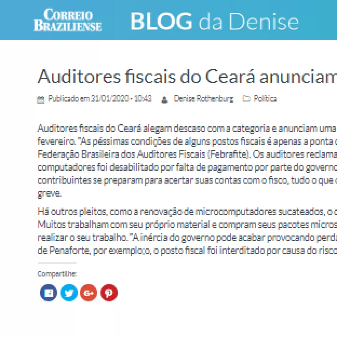 Na Mída | Correio Braziliense divulga anúncio de greve dos Auditores Fiscais do Ceará 
