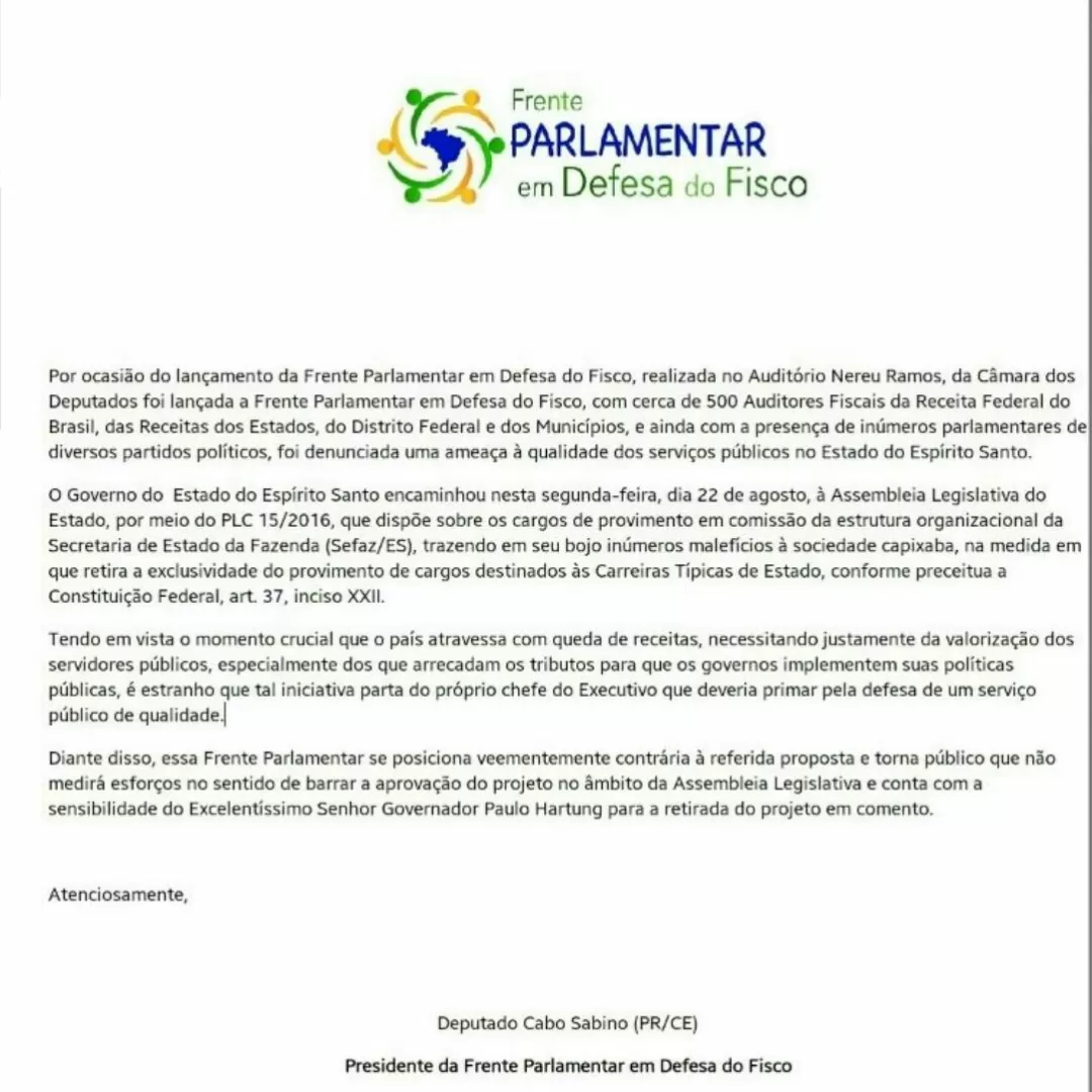 Frente Parlamentar em Defesa do Fisco posiciona-se contrária ao PLP 015/2016 do ES