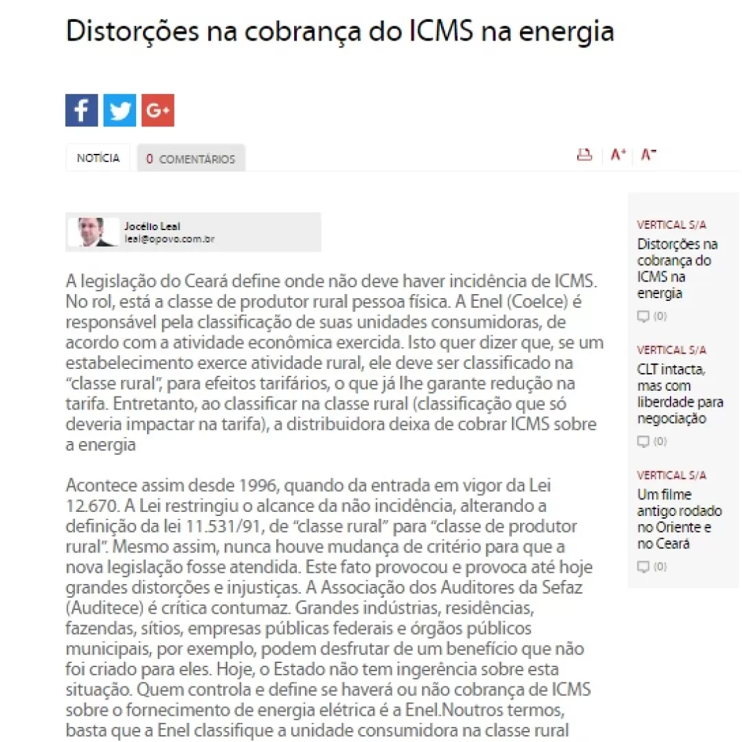 Por proposição da AUDITECE, distorções na cobrança do ICMS na energia mais uma vez é destaque no Jornal O POVO